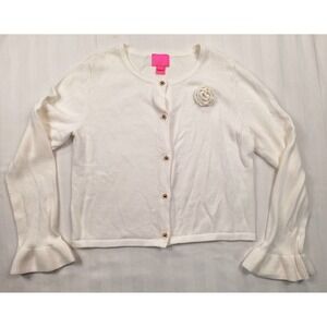 Lilly Pulitzer Girls White Cotton Cardigan Ruffle Bell Sleeve Rosette XL 12-14